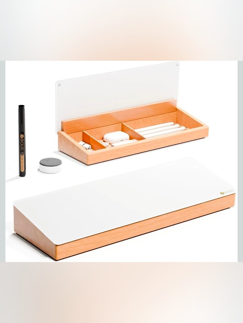 Glass Desktop Whiteboard with Wood Organizer